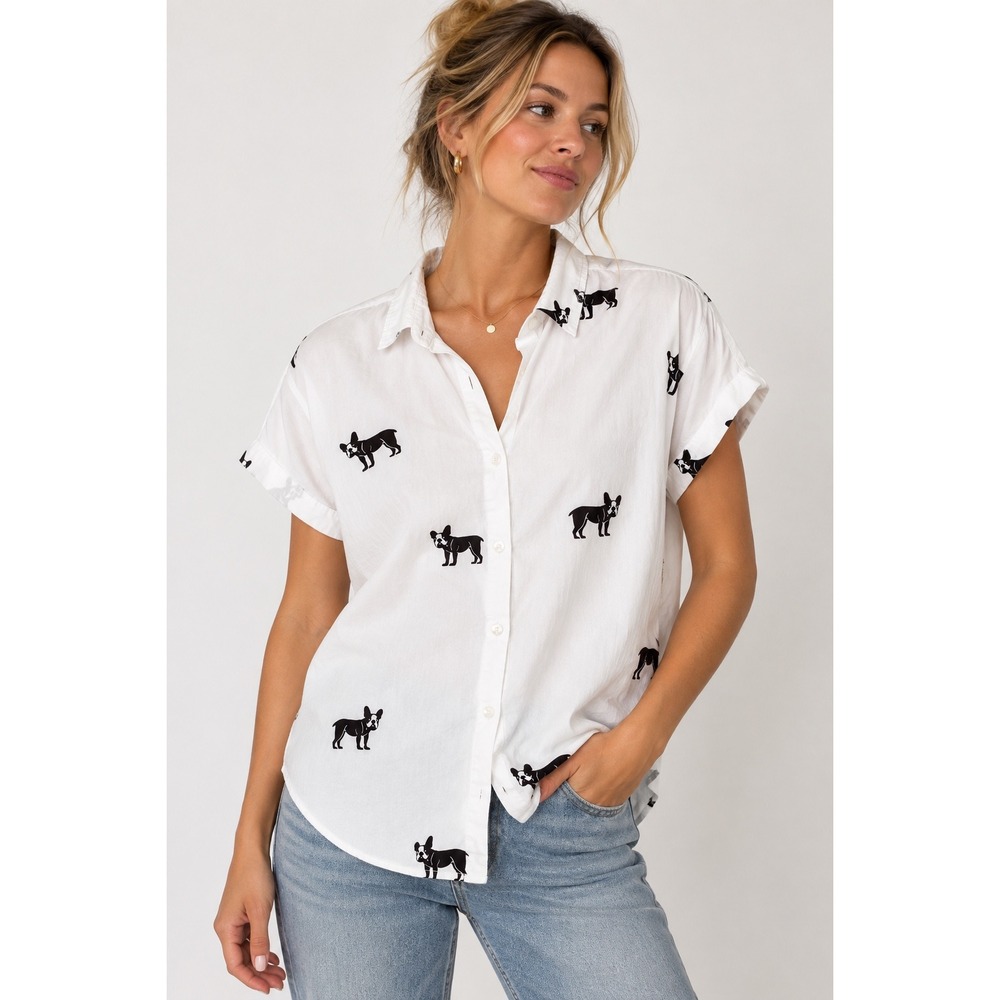 Jane + Delancey White French Bulldog Print Rayon Button Down Shirt Large